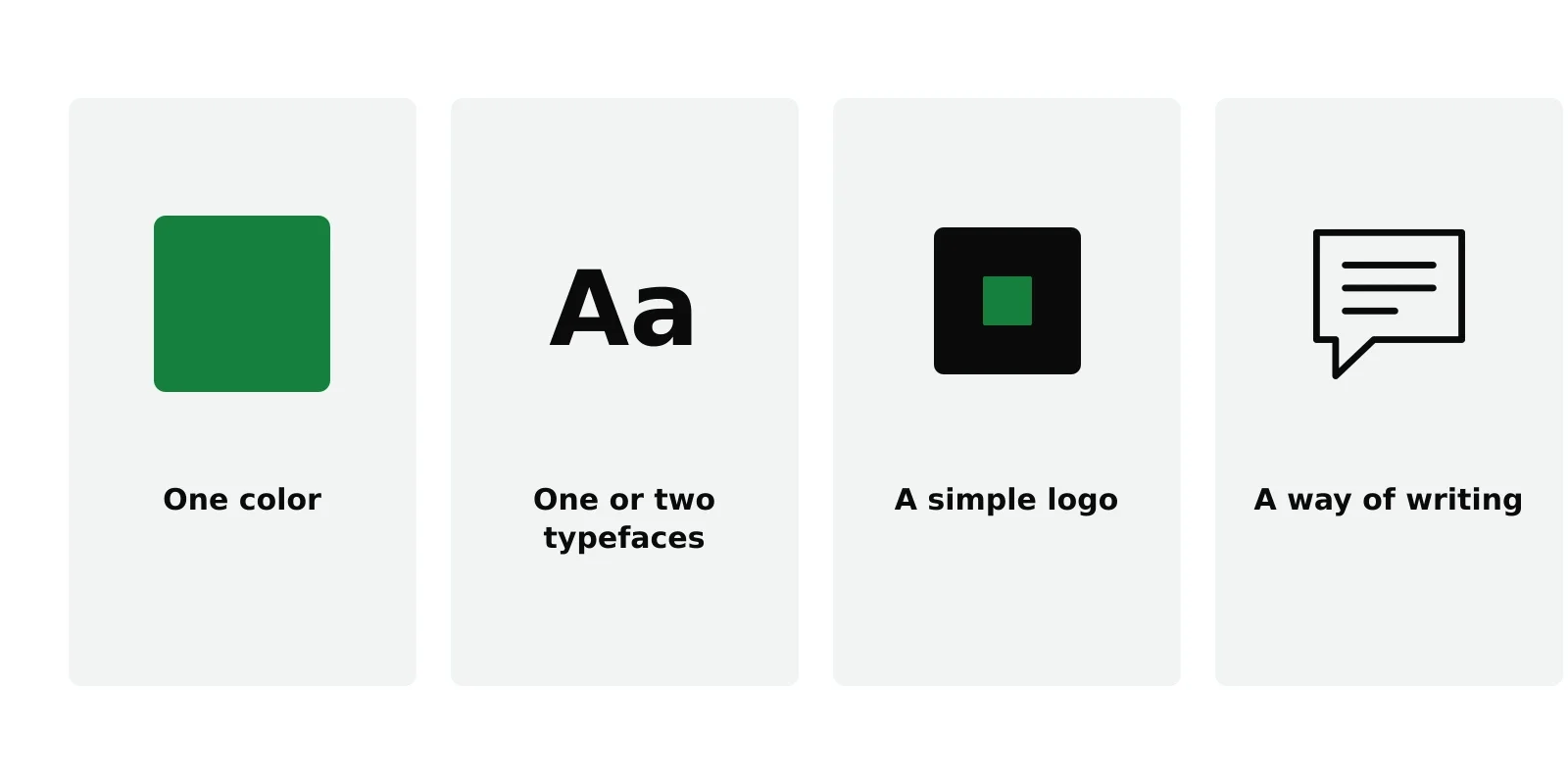 The four brand decisions: one color, one or two typefaces, a simple logo and a way of writing